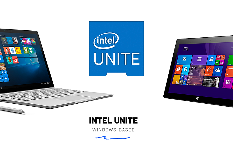 A laptop and a tablet running Windows OS and a logo of Intel Unite