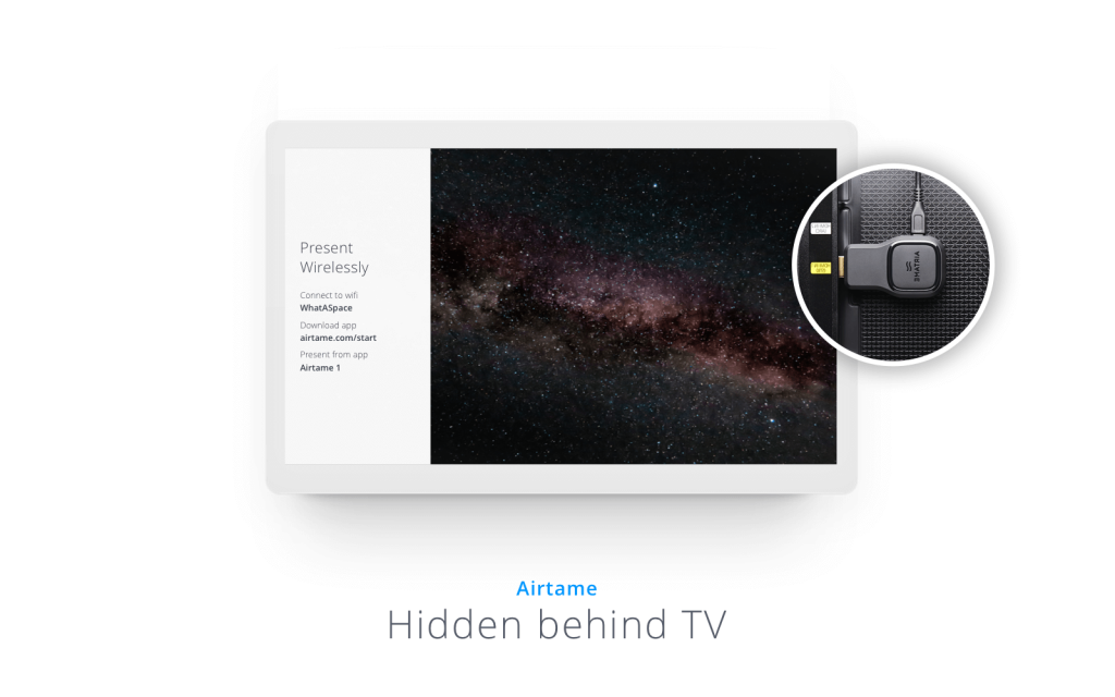 Airtame 1 device hidden behind a TV
