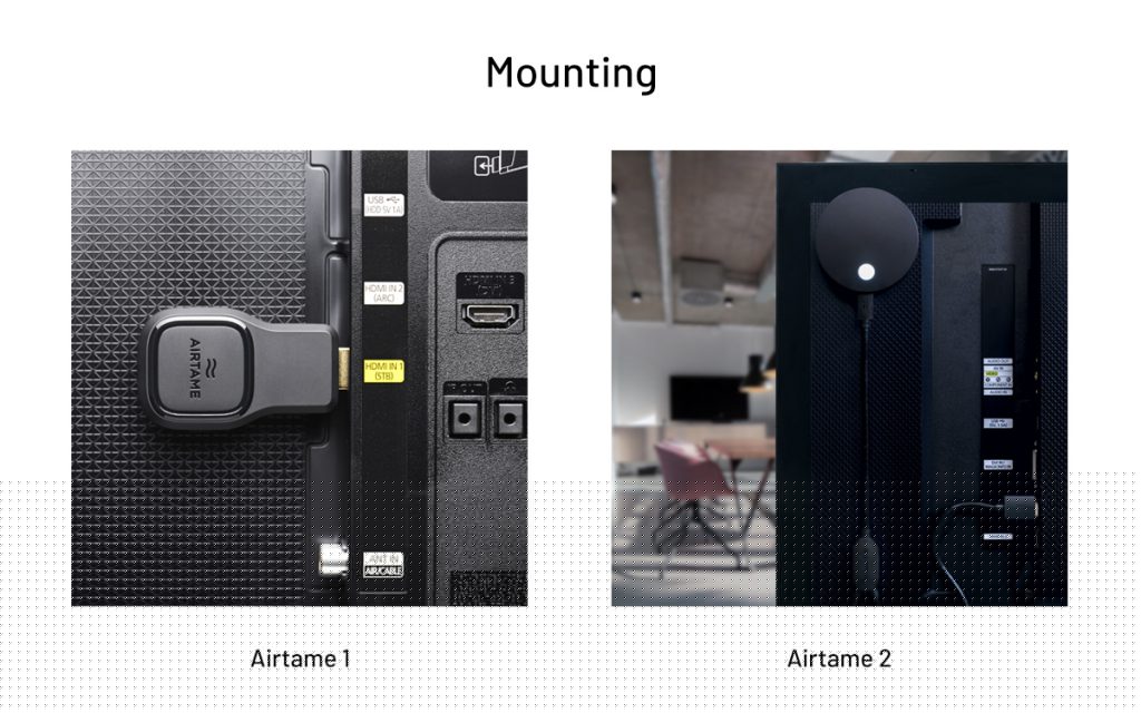 Screenshot showing an Airtame 1 device connected behind a TV, and an Airtame 2 device connected behind a TV screen
